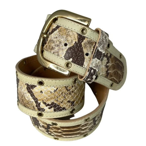 PUNTO FIBBIA Snakeskin Print Genuine Leather Wide Belt Rounded Gold Buckle L - Picture 10 of 10